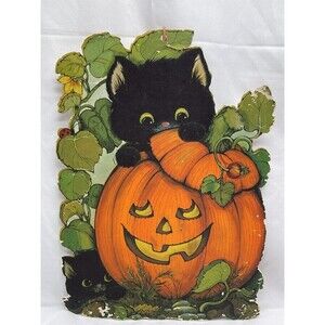 Vintage Hallmark Halloween Jack O’Lantern Kitten Cat  Pumpkin DieCut Decoration